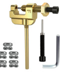 Front view of RZEOZU chain breaker tool, gold-tone metal with screw clamp, Allen key, and six chain links