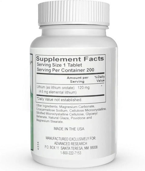 Lithium Orotate 120 Mg Supplement For Brain Support 200 Tablets bottle showing side label with supplement facts