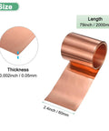 Copper Sheet Roll 2000 By 60 By 0.05mm Copper Foil for DIY projects, shown unrolled highlighting thickness and dimensions.