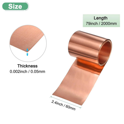 Copper Sheet Roll 2000 By 60 By 0.05mm Copper Foil for DIY projects, shown unrolled highlighting thickness and dimensions.