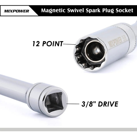 Close-up of Beefy Magnetic Swivel Spark Plug Socket Set, Three Eighths Inch Drive, Thin Wall 12 Point CR V Steel.