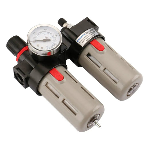 Air Source Treatment Unit With Three Eighths Inch FRL Filter Regulator Lubricator Combo And Included Pressure Gauge