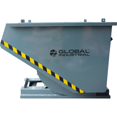 Job Site Ready Medium Duty Self Dumping Forklift Hopper With Two Cubic Yards Capacity side view showing gray frame and safety stripes.