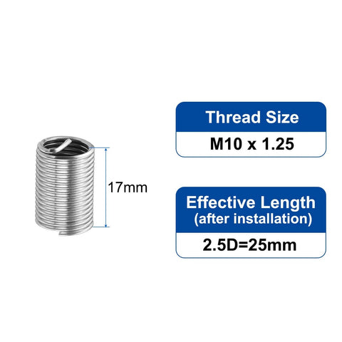 20 Pcs Wire Thread Inserts M10 X 1.25 Helical Type Coiled Thread Repair Kit 304 Stainless Steel Corrosion Resistant 25mm