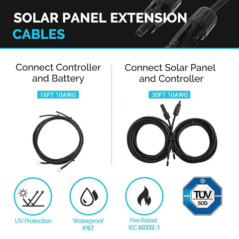 200 Watt 12 Volt N Type Solar Panel Kit With Adventurer 30A Charge Controller Road Ready Setup For Rvs Campers Vans And Boats Premium Cells 16ft and 30ft extension cables for solar setup.