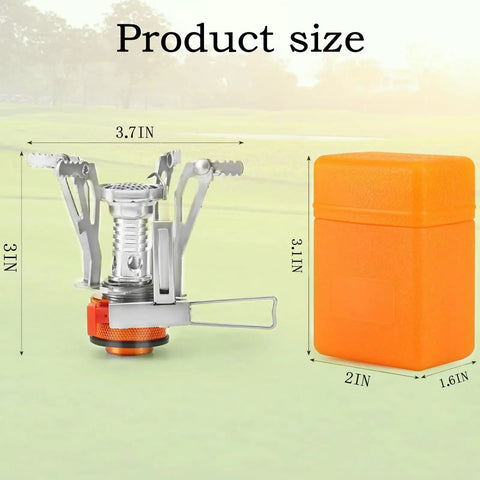 Lightweight Portable Camping Stove For Backpacking And Hiking With Piezo Ignition next to orange case, showing dimensions