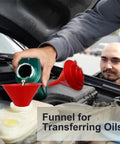 Using the Four Piece Plastic Funnel Set with Nesting Design in Red to pour car oil in engine, automotive application.