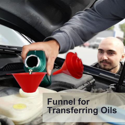 Using the Four Piece Plastic Funnel Set with Nesting Design in Red to pour car oil in engine, automotive application.