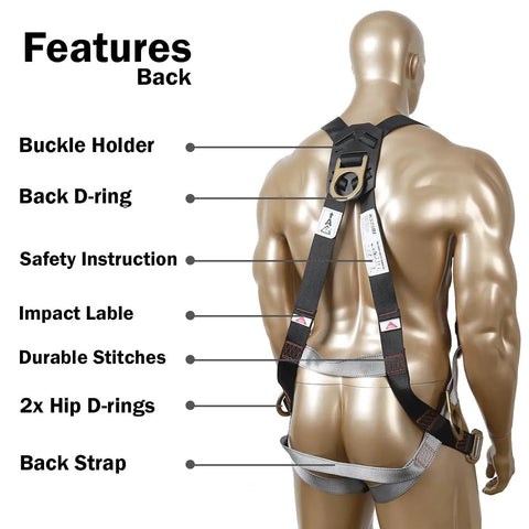 Back view of Beefy Fall Protection Harness Kit With Three D Rings For Lanyard Multi Purpose Full Body Harness on mannequin