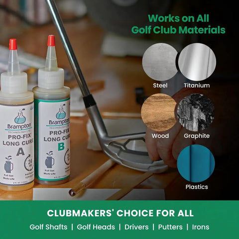 PRO-FIX Long Cure Golf Epoxy kit with 20-minute work life shown with golf club assembly materials.