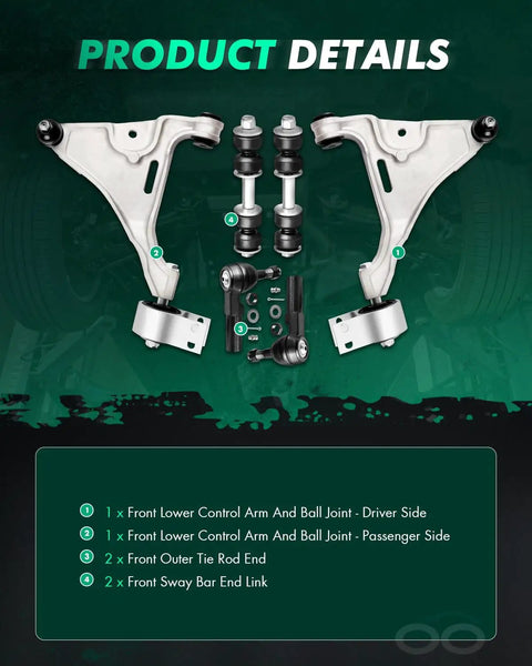 6 Piece Front Suspension Kit Replacement For 2006 To 2011 Buick Lucerne And Cadillac DTS Includes Front Lower Control Arms With Ball Joints, Outer Tie Rod End, And Sway Bar End Links For A Smooth Quiet Ride Pro Grade.