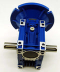 MRV050 Worm Gear Reducer With Ten To One Ratio And 56C Mounting Flange Two Point Zero Six HP, blue gearbox with shaft, top view
