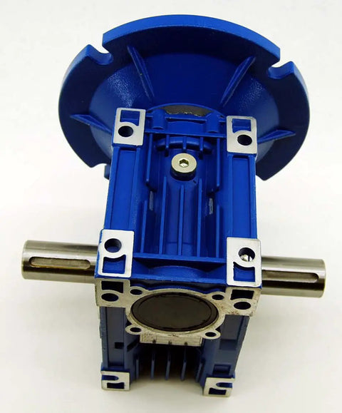 MRV050 Worm Gear Reducer With Ten To One Ratio And 56C Mounting Flange Two Point Zero Six HP, blue gearbox with shaft, top view