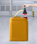 Heavy Duty Manual Push Oil Pump Hand Crank Gear Transfer Dispenser For 5 Gallon Drums And Heavy Steel Pails No Sweat Engine Oil Liquid Extraction With 47 Inch Hose in use with yellow container.