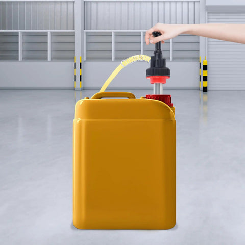 Heavy Duty Manual Push Oil Pump Hand Crank Gear Transfer Dispenser For 5 Gallon Drums And Heavy Steel Pails No Sweat Engine Oil Liquid Extraction With 47 Inch Hose in use with yellow container.