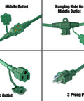 50 Foot Outdoor Extension Cord With Six Evenly Spaced Outlets and Waterproof Cover, 16AWG 3C SJTW, ETL Listed, green outlets