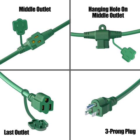 50 Foot Outdoor Extension Cord With Six Evenly Spaced Outlets and Waterproof Cover, 16AWG 3C SJTW, ETL Listed, green outlets