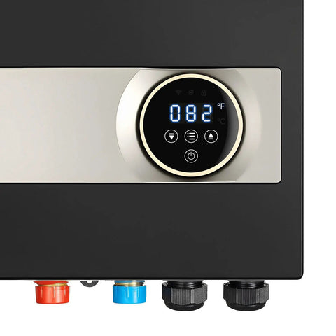 Ditch The Old Tank For This 27kW Tankless Electric Water Heater 240V Under Sink Unit With LCD Touch Screen Temp Lock showing LCD display and connections.
