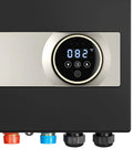Tankless Electric Water Heater Delivers Instant Hot Water Under Sink For Bathroom Cabinet Or Kitchen Counter with digital display.