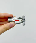 Five Pack Heavy Duty Chrome Brass Fire Sprinklers Automatic Thermal Trigger Built Like A Tank For Home And Business Up To Sixty Eight Degrees Celsius Three Quarter Inch Upright Design, hand holding one sprinkler head.