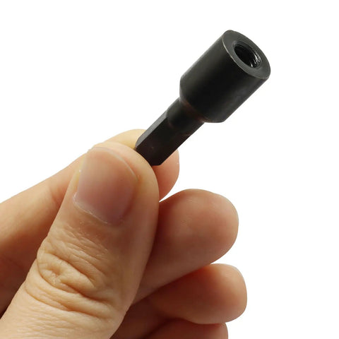 Top Shelf Double Headed Hanger Bolt Driver Bit 1/4 Inch To 20 Thread Forged From Heavy Duty Carbon Steel For Power Drills With Hex Shank, held in hand.