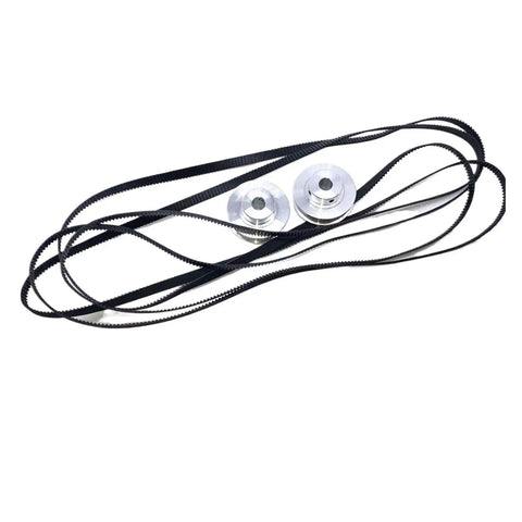 Upgrade Your 3D Printer With This 2Pcs 50 Tooth 8mm Bore Timing Pulley And Two Long 1220mm GT2 Belts For Smooth High Speed Printing Action. silver 50 tooth 8mm bore pulleys with black GT2 belts for 3D printer motion drive