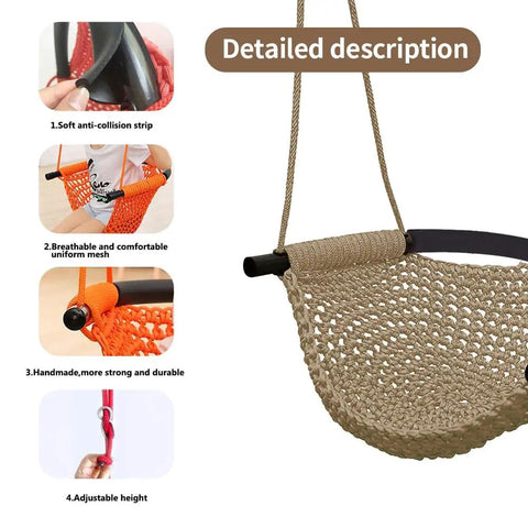 Detailed view of hand knitted toddler swing seat with adjustable ropes and durable polyester rope, light brown.