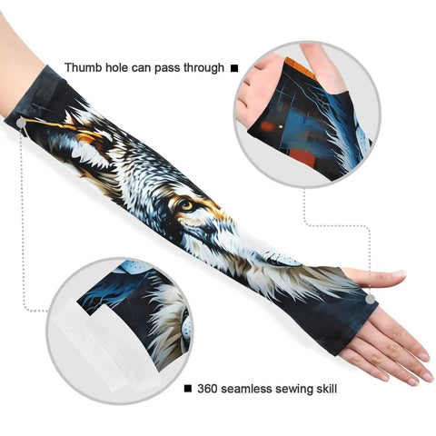 Seamless Cooling Arm Sleeves With A Dope Wolf Face Print Give You Straight Up UPF Fifty Shielding Lightweight Nylon Stays Cool And Stops Rolling So You Can Hit The Course Or Trails While Keeping Tattoos Covered All Day Long