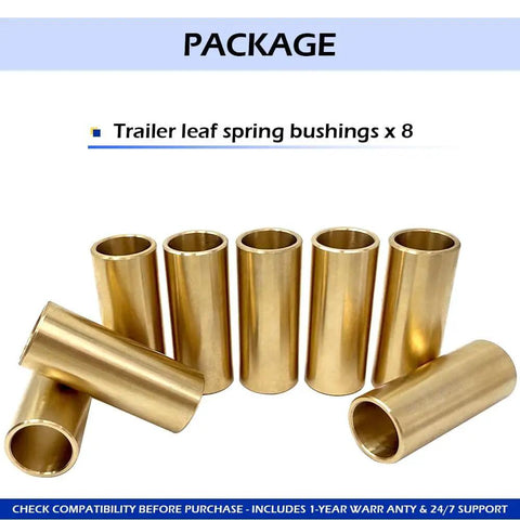 Eight Piece Beefy Brass Leaf Spring Bushing Kit For Trailer Axles With 9/16 Inch ID And 11/16 Inch OD, brass bushings displayed