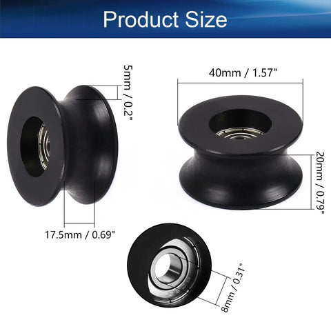 Heavy Duty Nylon Pulley Roller With U-Shape Groove And Flat Wheel, 8x40x20mm Guide Bearing Rail Ball Wheel, Black Plastic Pulley For Smooth Quiet Motion In 3D Printers And Machinery, product size view