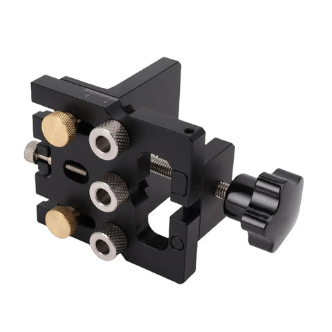 Precision Self Centering Dowel Jig And Heavy Duty Woodworking Kit Featuring 6061 Aluminum Frame showing adjustable clamps and drill holes.