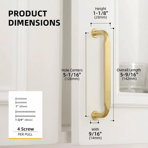 10 Pack 5 Inch Brushed Brass Cabinet Pulls Solid Zinc Alloy Heavy Duty Kitchen And Bathroom Drawer Handles Tough As Nails For Home Improvement And Renovations, showing dimensions and screw details.