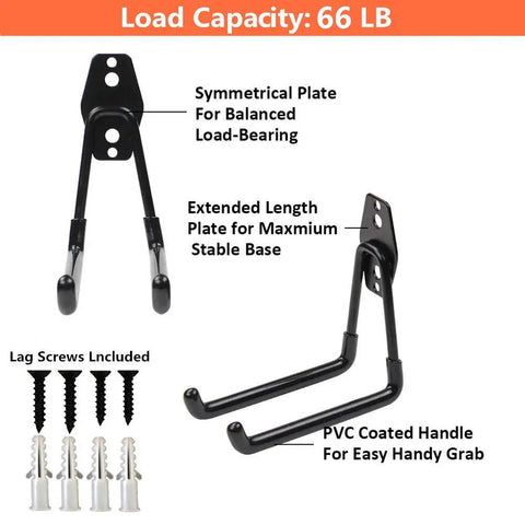 Heavy Duty Wall Mount Garage Hooks Set 4 Pack With Anti Slip Coating for 66Lb Load, showing symmetrical plates and PVC coated handles.