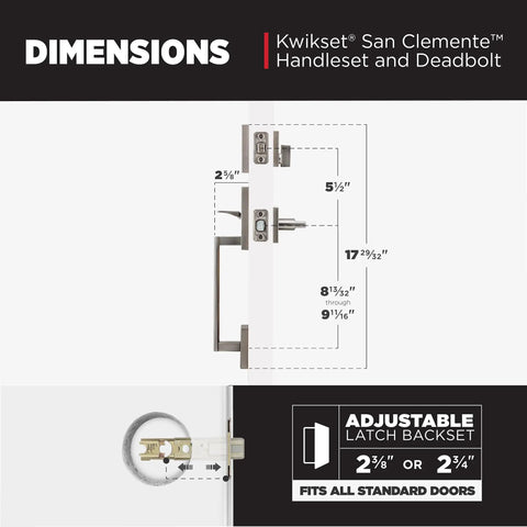San Clemente Front Door Lock Handle And Deadbolt Set With Exterior Entry Handleset Reversible Interior Lever Satin Nickel Finish Pick Resistant SmartKey Rekey Security showing dimensions and adjustable latch.