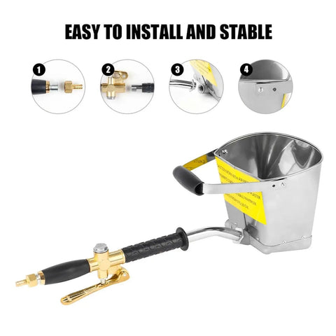 Heavy Duty Portable Pneumatic Cement Mortar Sprayer Featuring Four Hole Nozzle with a metal bucket and air connection for easy use.