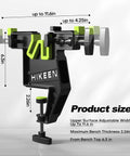 Heavy Duty Ski Snowboard Vise Set For Tuning And Waxing, Adjustable width and dimensions shown, black and green aluminum