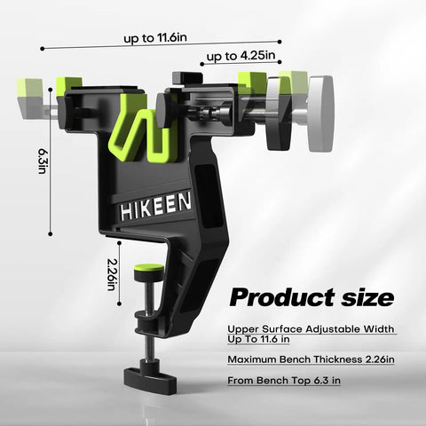 Heavy Duty Ski Snowboard Vise Set For Tuning And Waxing, Adjustable width and dimensions shown, black and green aluminum