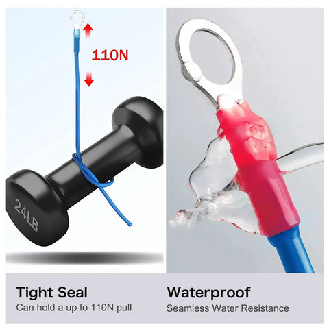 Heat Shrink Ring Terminal Kit 92 Piece Must Have Waterproof Marine Grade Adhesive Lined Wire Connectors demonstrating tensile strength and waterproof seal.