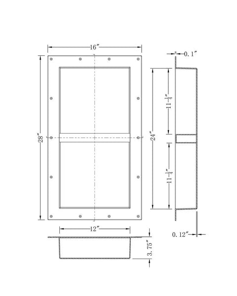 Dimensions diagram of 2-In-1 Shower Niche Ready To Tile Recessed Bathroom Storage Shelf 16x28 Inch.