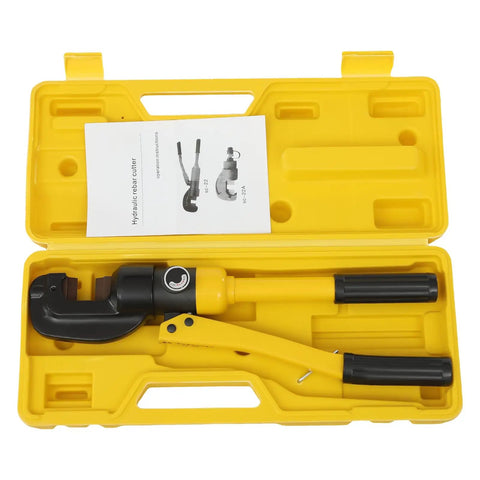 BYGOVICE Hydraulic Rebar Pliers Portable Bolt Cutters Heavy Duty Handheld Cutting Tool With Box in yellow carrying case.