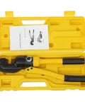 Heavy Duty Hydraulic Rebar Pliers, Portable Bolt Cutters With Box, handheld cutting tool in yellow case with instructions.