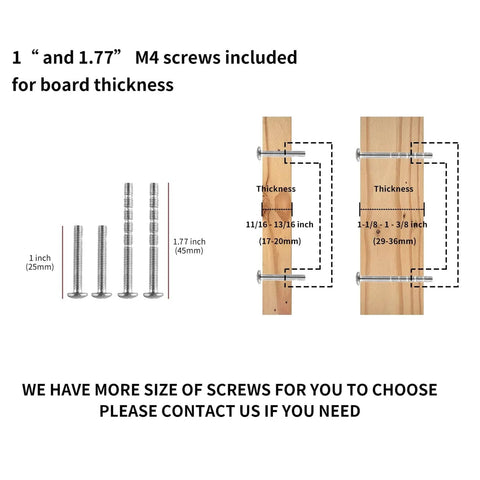 Diagram showing 1 inch and 1.77 inch M4 screws for different board thickness. Used with 10 Pack Brushed Nickel And Gold Cabinet Pulls.