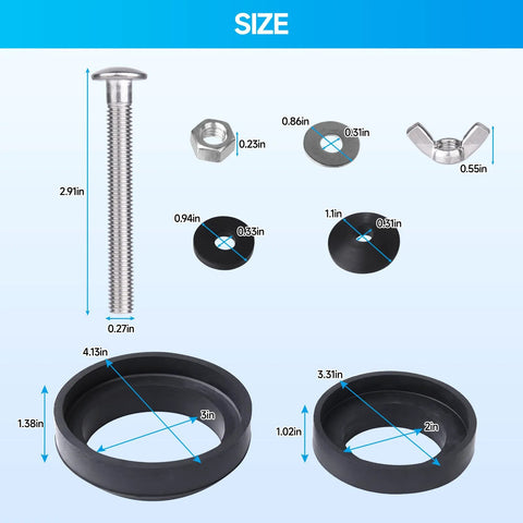 Details of toilet repair bolt and gasket kit components with dimensions.