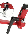 Premium Alloy Steel Miter Track Stop For Type 75 T Track Jigs close-up of red and black tool for precise length limiting in woodworking.