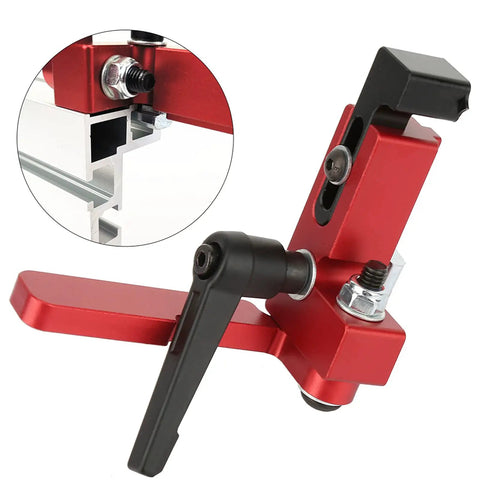 Premium Alloy Steel Miter Track Stop For Type 75 T Track Jigs close-up of red and black tool for precise length limiting in woodworking.