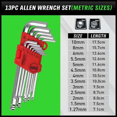 13pc Allen wrench set with metric sizes, ball end, and hex keys shown on chart. Part of 27 Piece Long Arm Allen Wrench Set.