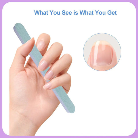 Hand holding blue file from All In One Nail File And Buffer Kit Pack Of 16 With Pink Buffer Blocks Gray Emery Boards Green White Shine Buffers