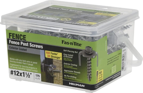 Exterior Coated Fence Post Screws Pro Grade Heavy Duty Wood Screws For Fencing Decking And Construction Self Tapping Screws For Treated Lumber Drywall And More Size 12 By 1 And One Half Inches Pack Of 175 in a plastic container.