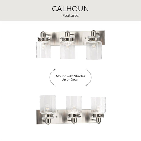 Calhoun Collection Clear Glass Farmhouse Bath Vanity Light Three Light Brushed Nickel Vintage Inspired Fixture