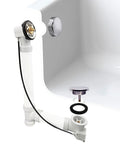 Heavy Duty Bathtub Drain Trim Kit Featuring Rotary Overflow Control Knob And Pop Up Stopper components installed in a bathtub.